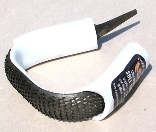 Bar-Sole Rasp
Curved rasp-tooth tool for removing excess horn from sole and bars. Rubber handle for secure “safe grip.” Tine doubles as a hoof pick for clearing debris from the commissures of the frog.
