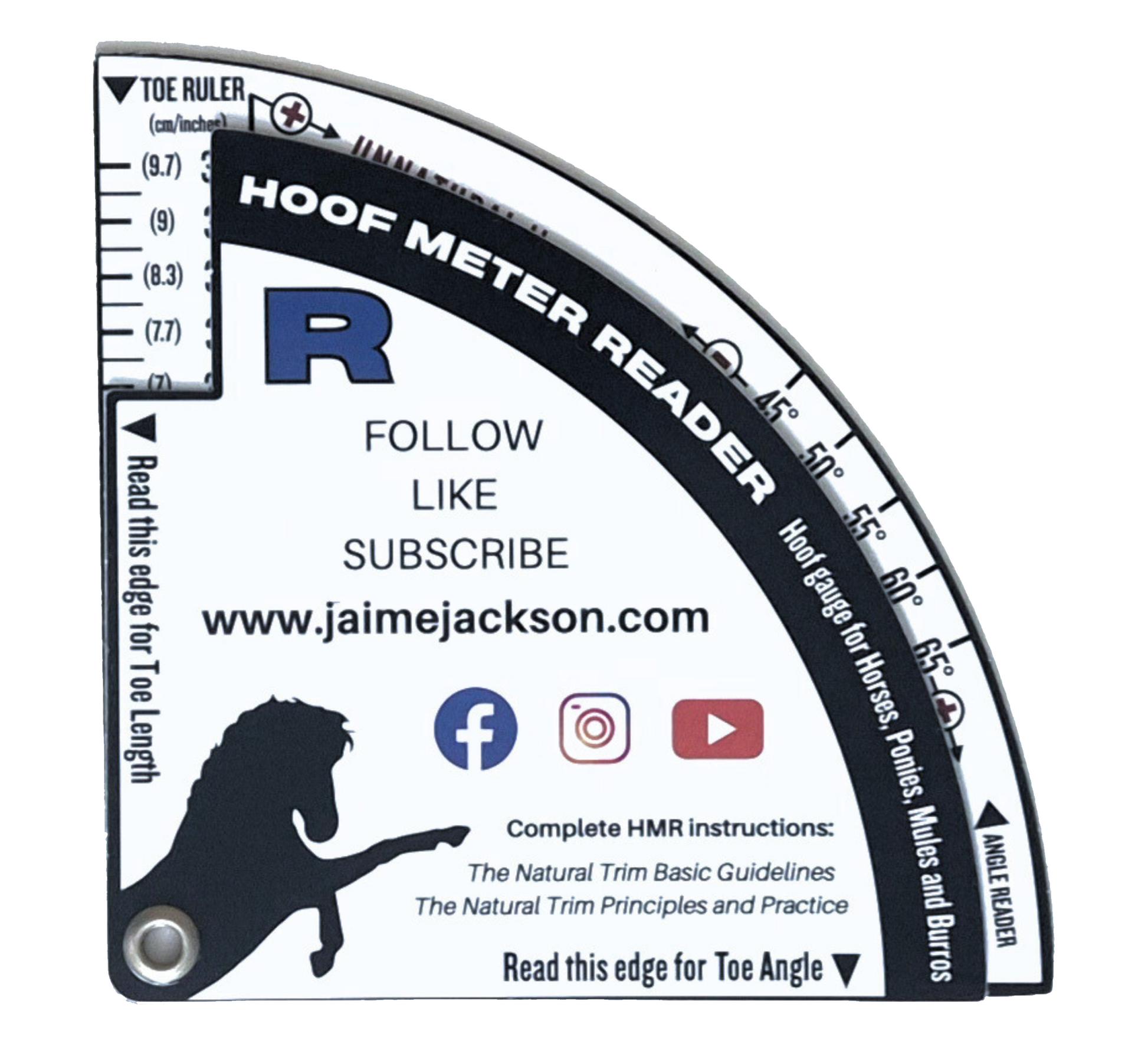 Right side of Hoof Meter Reader (HMR) designed by Jaime Jackson for taking critical measurements on hoof toe length and toe angle based on research and findings of U.S. Great Basin wild horse hooves. Description is featuring ISNCHP (Institute for the Study of Natural Horse Care Practices) Natural Trim Training Program co-funded by Jaime Jackson.