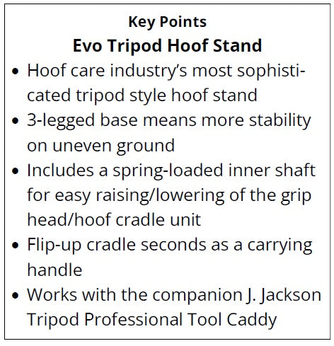 Text description of the Evo Professional Tripod Hoof Stand with features listed