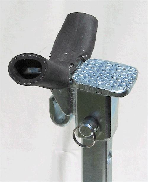 Photo of Jaime Jackson's professional tripod hoof stand with tool caddy, the most sophisticated tripod hoof stand especially designed for the natural hoof care practitioners designed by a former farrier and hoof care expert. It includes height adjustment and flip cradle. 